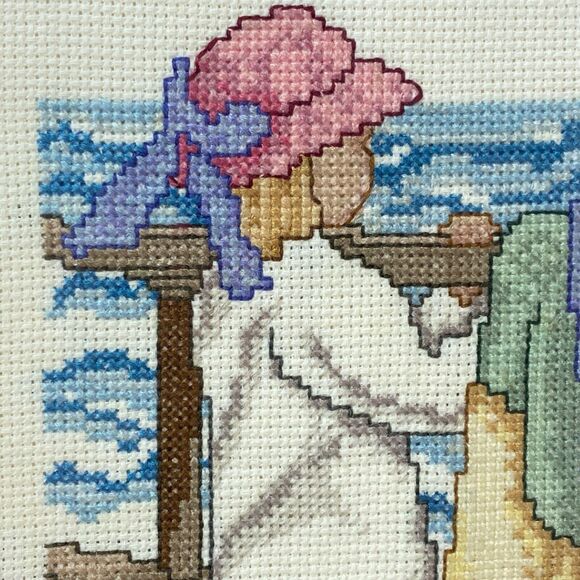 Vintage Needlepoint Girl At Beach Pastel Framed Glass 11"x9" Wall Hanging Decor - Picture 2 of 8